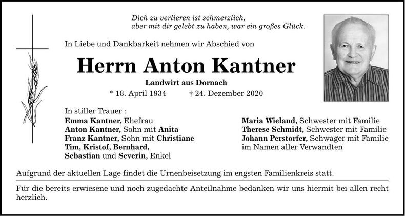 Traueranzeige Anton Kantner
