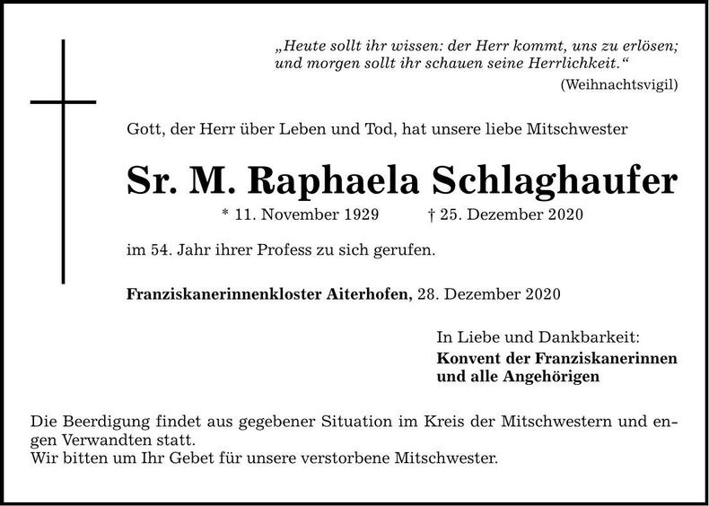 Traueranzeige Sr. M. Raphaela Schlaghaufer