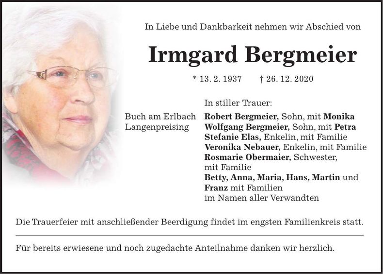 Traueranzeige Irmgard Bergmeier
