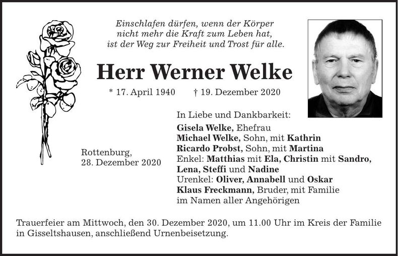 Traueranzeige Werner Welke