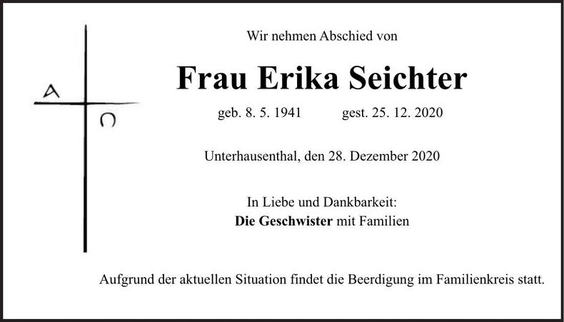Traueranzeige Erika Seichter