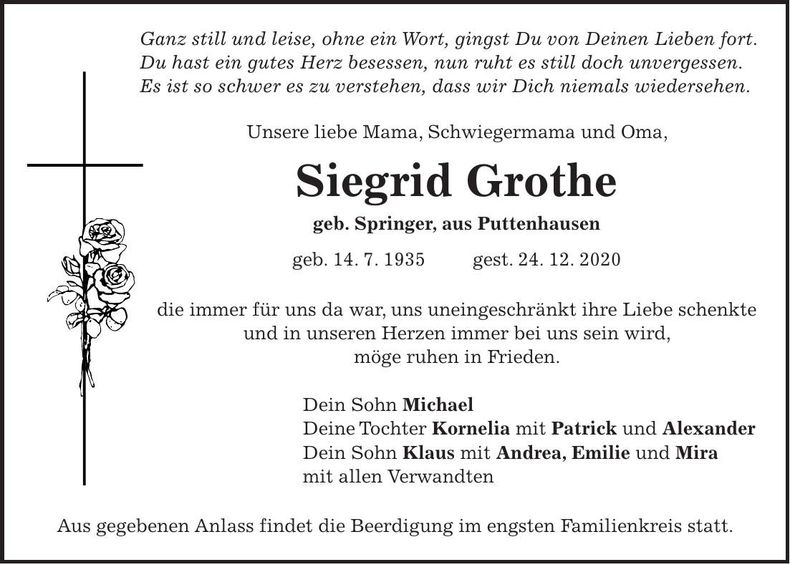Traueranzeige Siegrid Grothe