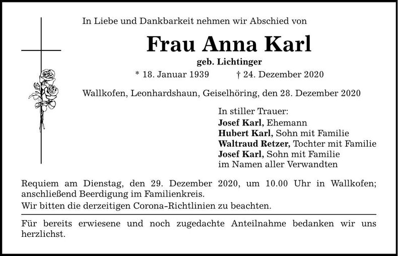 Traueranzeige Anna Karl