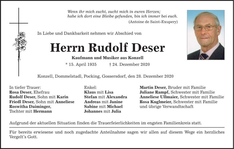 Traueranzeige Rudolf Deser