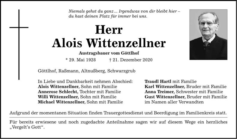 Traueranzeige Alois Wittenzellner