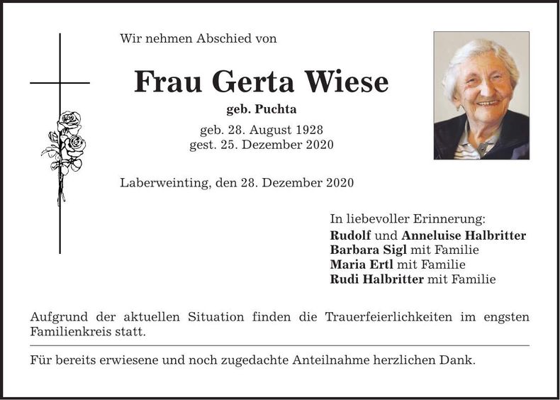 Traueranzeige Gerta Wiese
