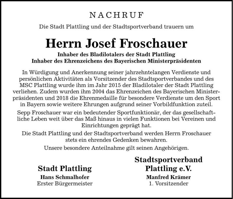 Traueranzeige Josef Froschauer