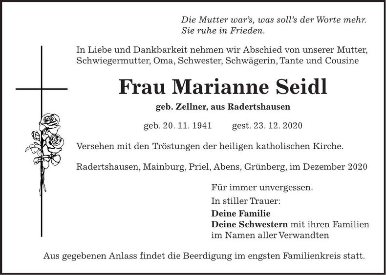 Traueranzeige Marianne Seidl