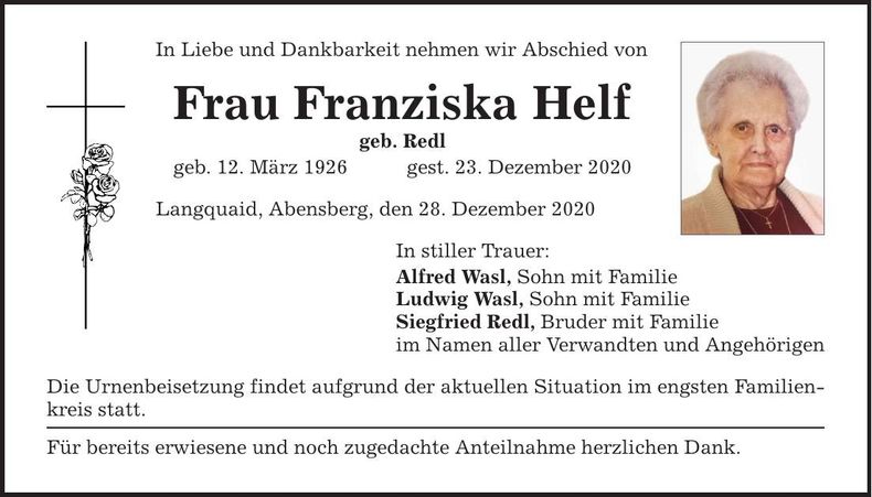 Traueranzeige Franziska Helf
