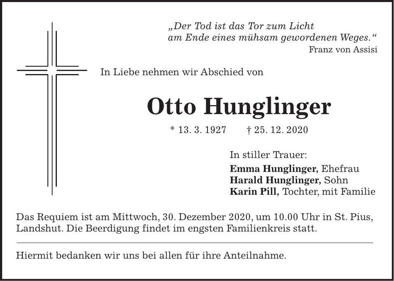 Traueranzeige Otto Hunglinger