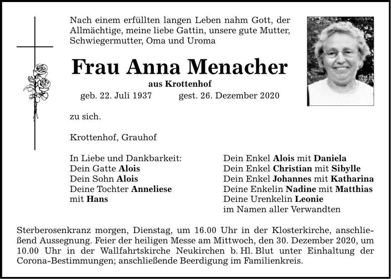 Traueranzeige Anna Menacher