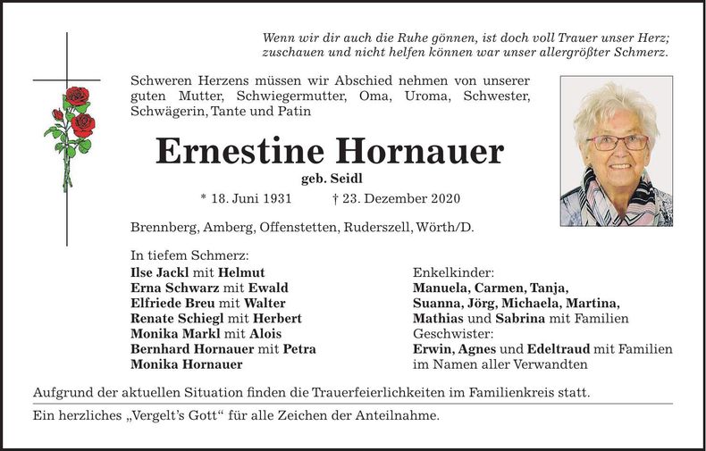 Traueranzeige Ernestine Hornauer