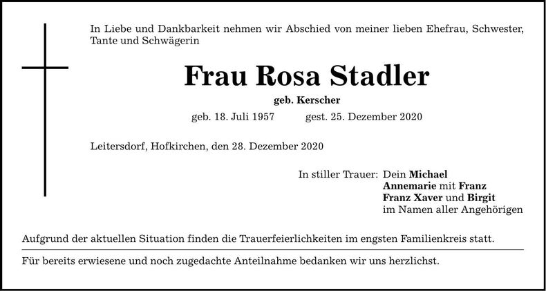 Traueranzeige Rosa Stadler