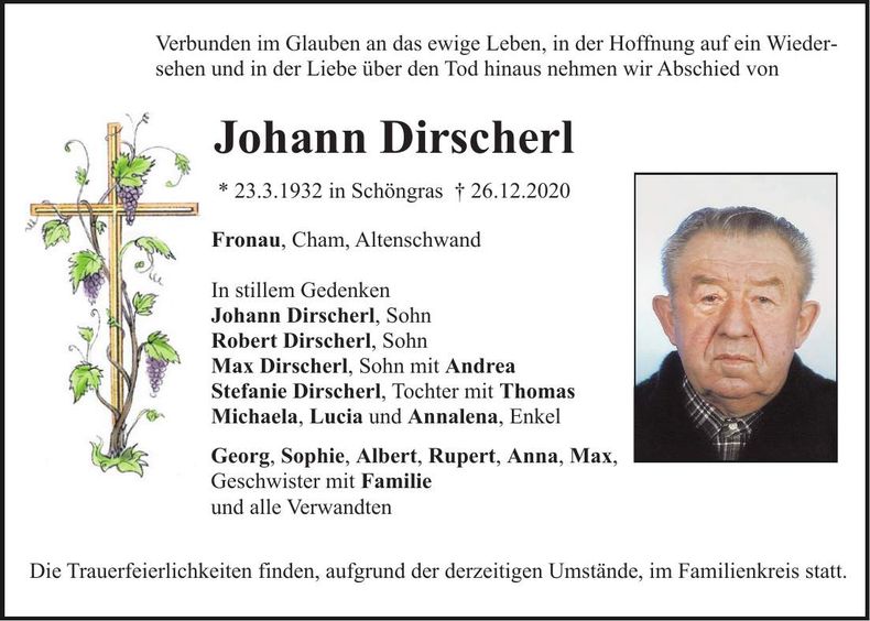 Traueranzeige Johann Dirscherl