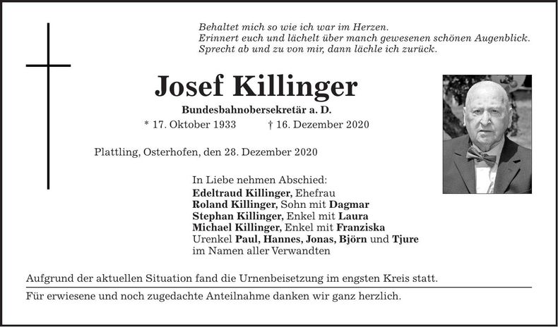 Traueranzeige Josef Killinger