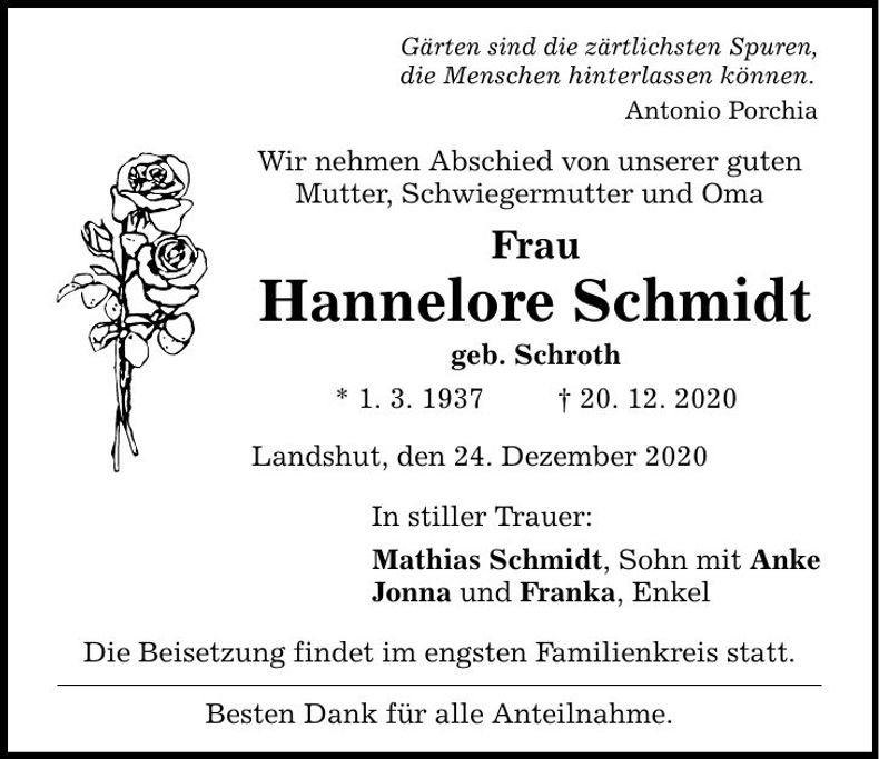 Traueranzeige Hannelore Schmidt