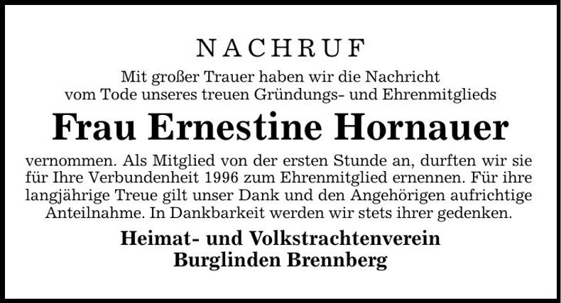 Traueranzeige Ernestine Hornauer