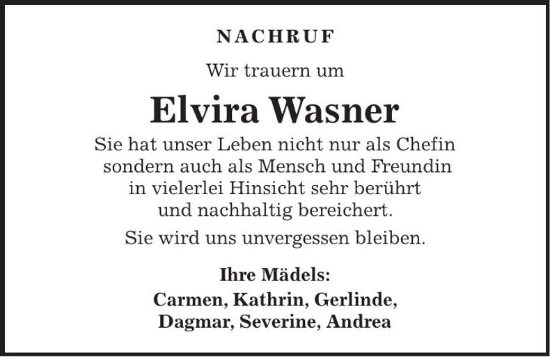 Traueranzeige Elvira Wasner