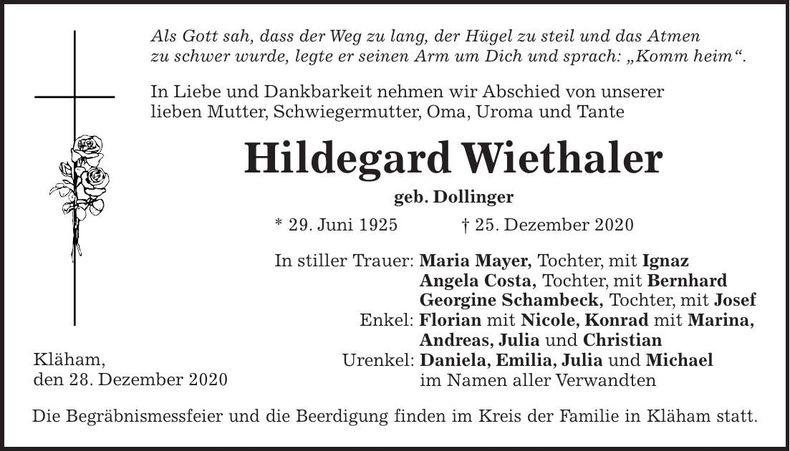Traueranzeige Hildegard Wiethaler