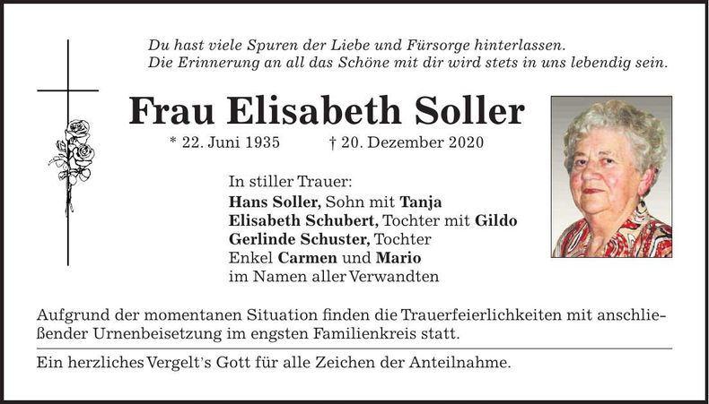 Traueranzeige Elisabeth Soller