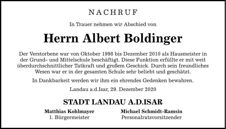 Traueranzeige Albert Boldinger