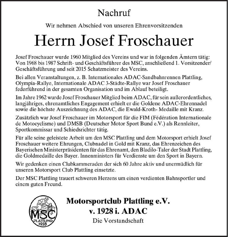 Traueranzeige Josef Froschauer