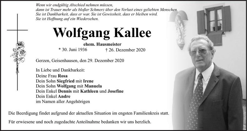 Traueranzeige Wolfgang Kallee
