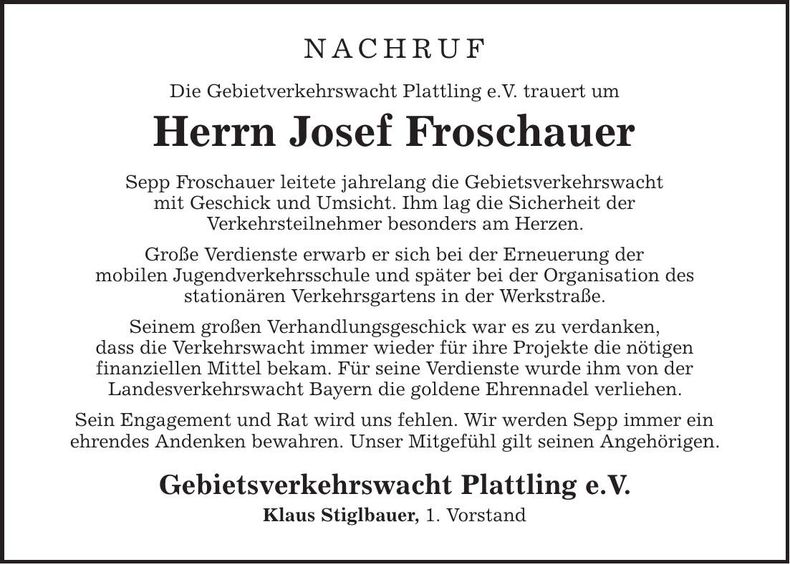 Traueranzeige Josef Froschauer