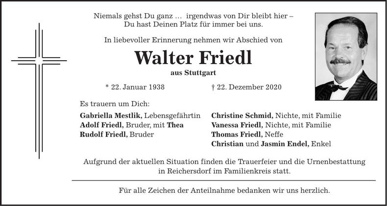 Traueranzeige Walter Friedl