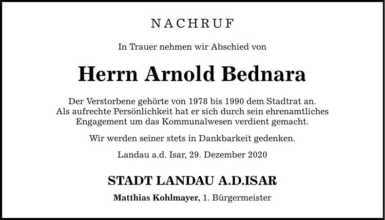 Traueranzeige Arnold Bednara