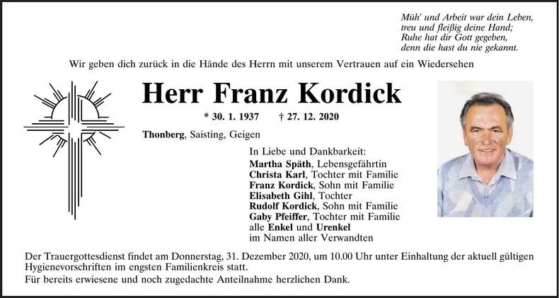 Traueranzeige Franz Kordick