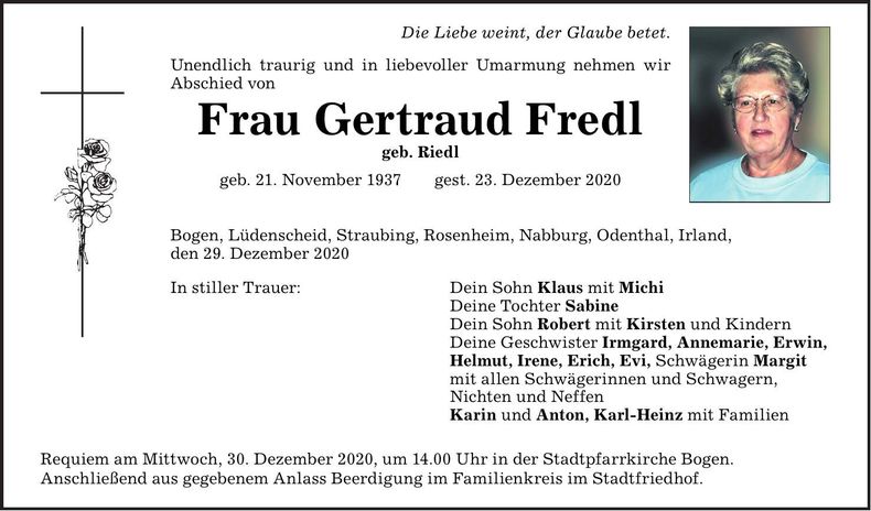 Traueranzeige Gertraud Fredl