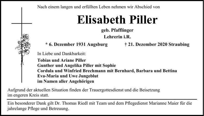 Traueranzeige Elisabeth Piller