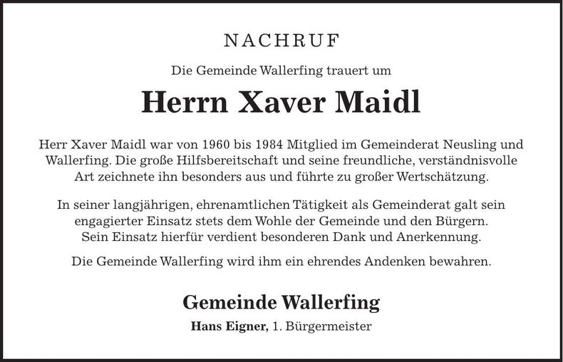 Traueranzeige Xaver Maidl