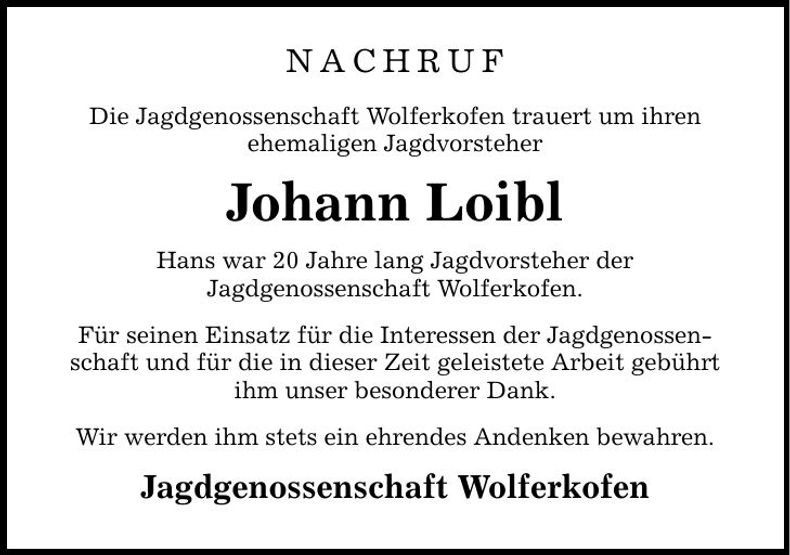 Traueranzeige Johann Loibl
