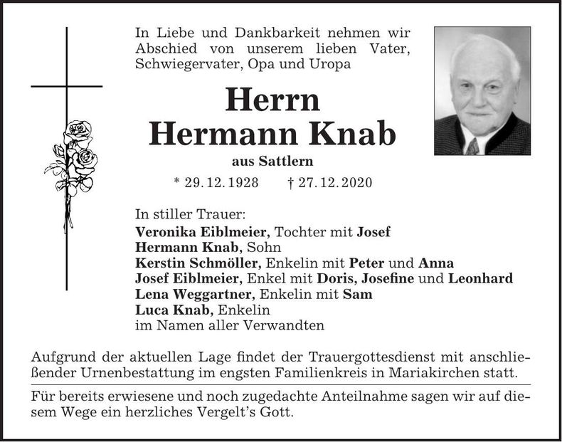 Traueranzeige Hermann Knab