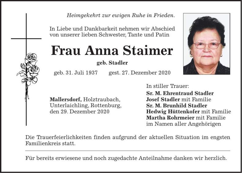 Traueranzeige Anna Staimer