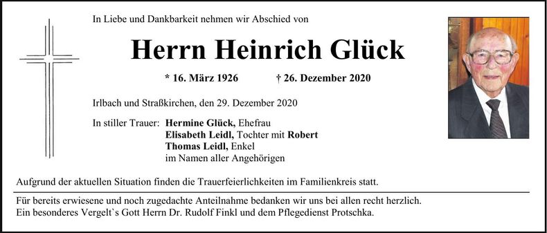 Traueranzeige Heinrich Glück