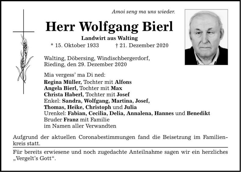 Traueranzeige Wolfgang Bierl
