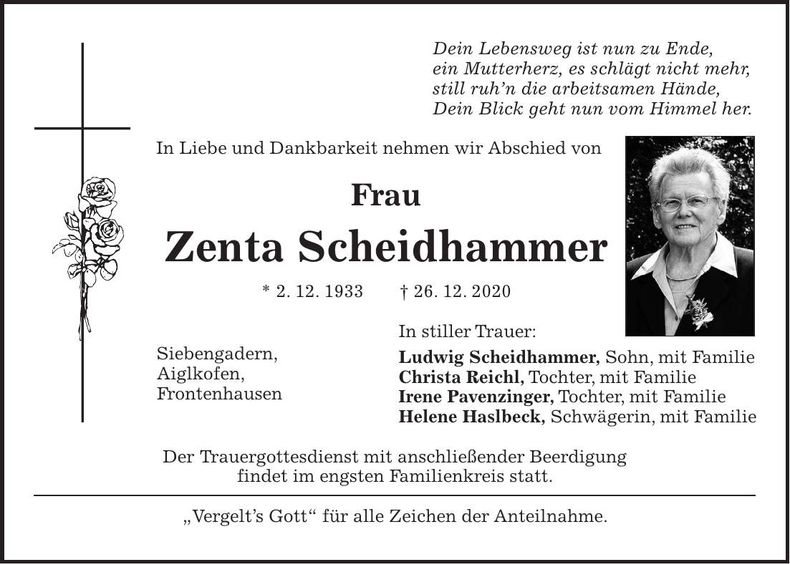 Traueranzeige Zenta Scheidhammer