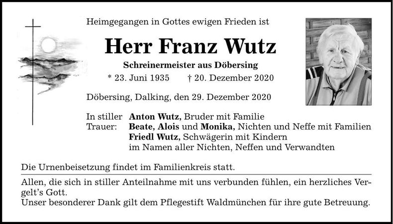 Traueranzeige Franz Wutz