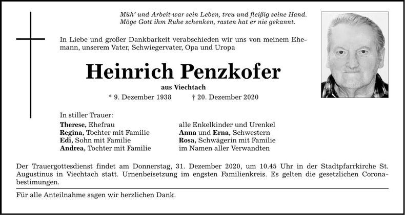 Traueranzeige Penzkofer Heinrich