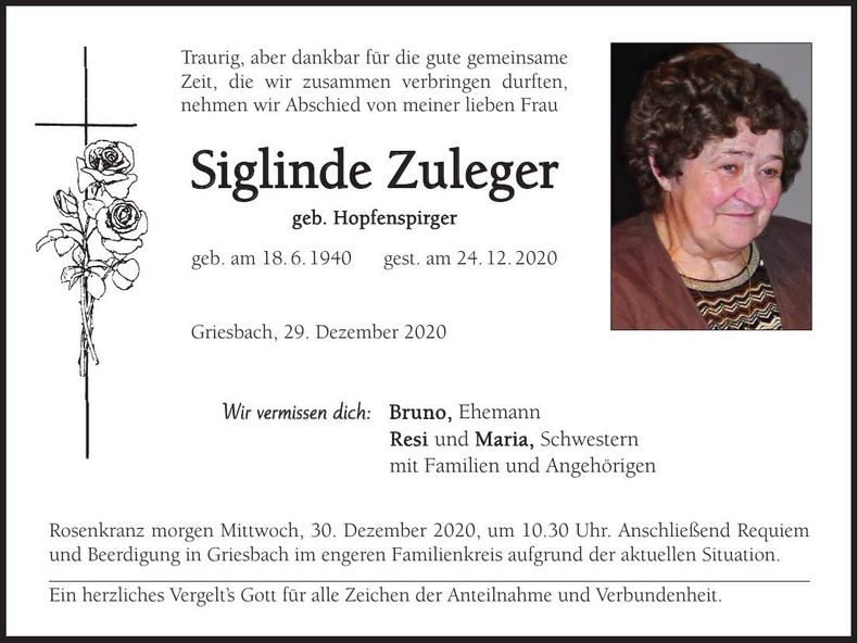Traueranzeige Siglinde Zuleger