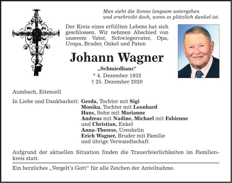 Traueranzeige Johann Wagner