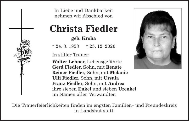 Traueranzeige Christa Fiedler