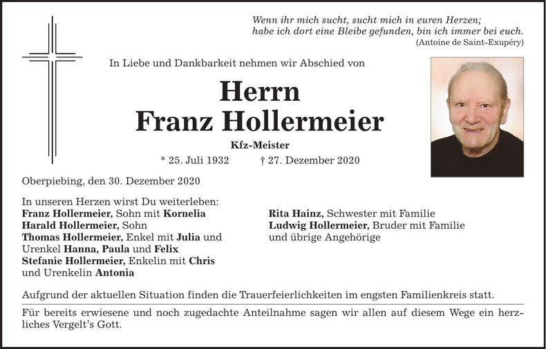 Traueranzeige Franz Hollermeier