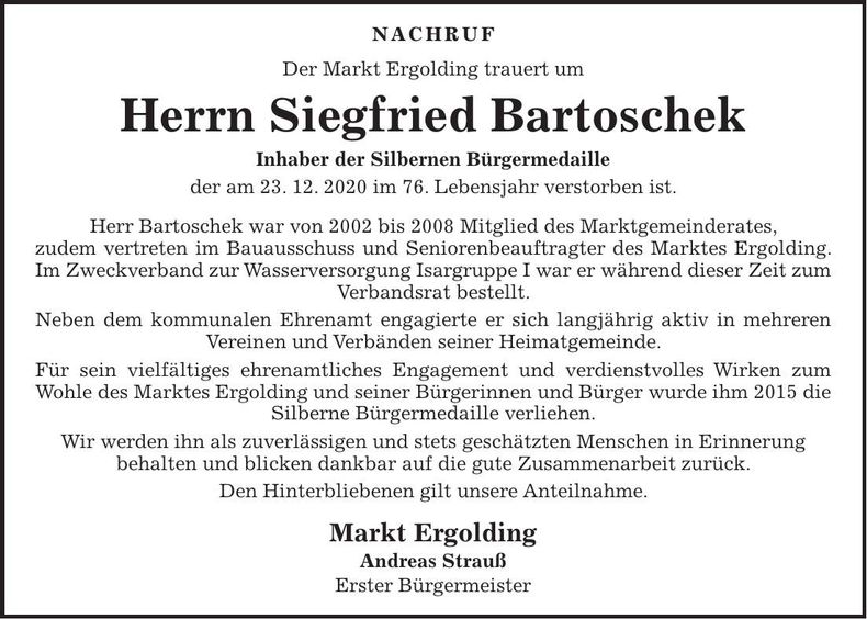 Traueranzeige Siegried Bartoschek