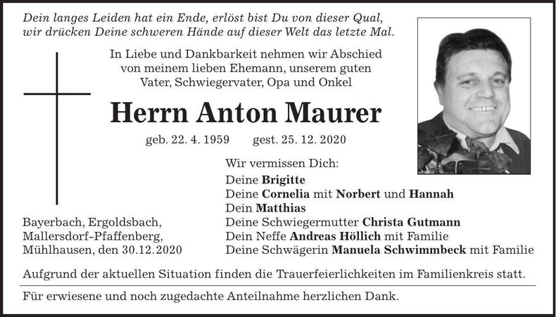 Traueranzeige Anton Maurer