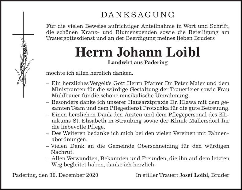 Traueranzeige Johann Loibl