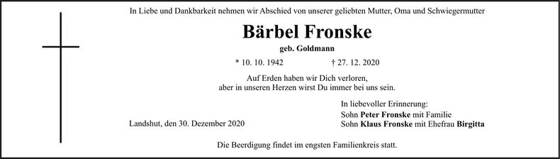Traueranzeige Bärbel Fronske
